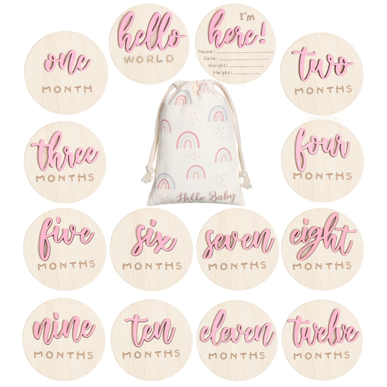 Burbell Baby Monthly Milestone Announcement Signs Wood,Pink,Letter | 7 Pack, 3D 