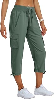MoFiz Women's Cargo Trousers Capri Trousers Summer 3/4 Lightweight Outdoor Hiking Trousers with Zip Pockets