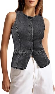 Tankaneo Women's Button Down Sleeveless Slim Fit Denim Shirt