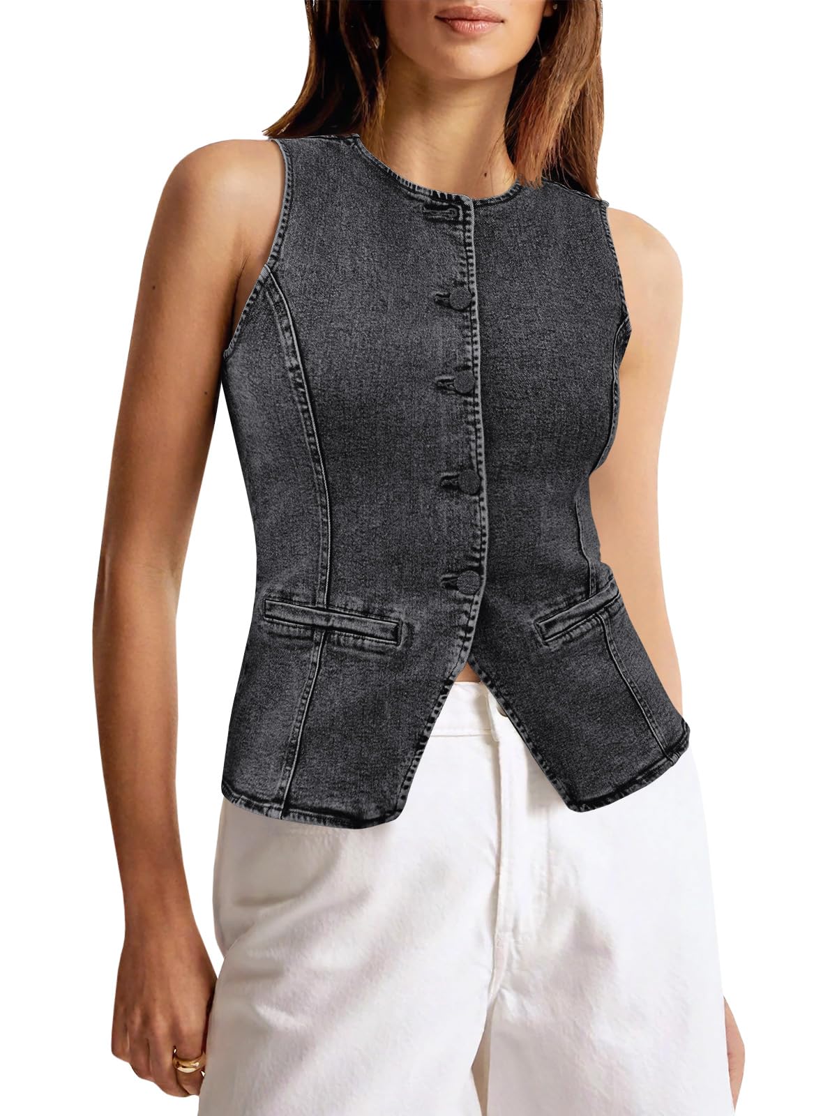 Tankaneo Women's Button Down Sleeveless Slim Fit Denim Shirt
