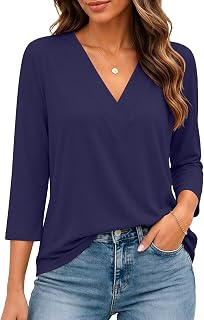 Bliwov レディース 七分袖 Vネック トップス ルーズフィット Tシャツ カジュアル ブラウス