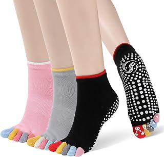 PUTUO Women's Yoga Socks: Women's Non-Slip Pilates Socks Cotton Five Toe Sports Socks for Fitness Ballet Size 36-43 3 Pairs