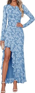 MEROKEETY Women's Fall Wedding Guest Dress Long Sleeve Floral Ruffle Slit Ruched Bodycon Formal Cocktail Party Maxi Dresses