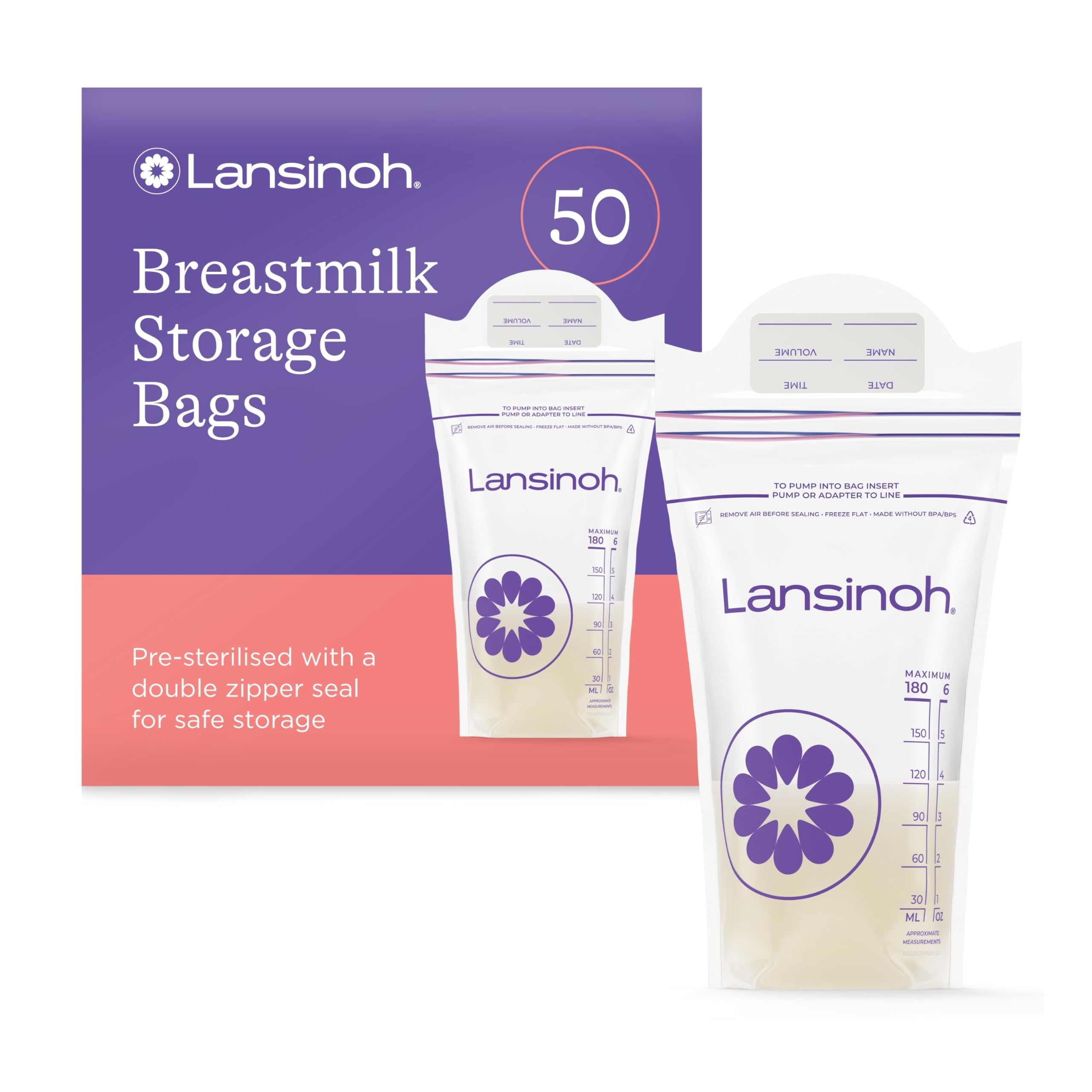 Lansinoh Breast Milk Storage Bags - Pre-Sterilised, Leakproof - 50 Pack | Fridge