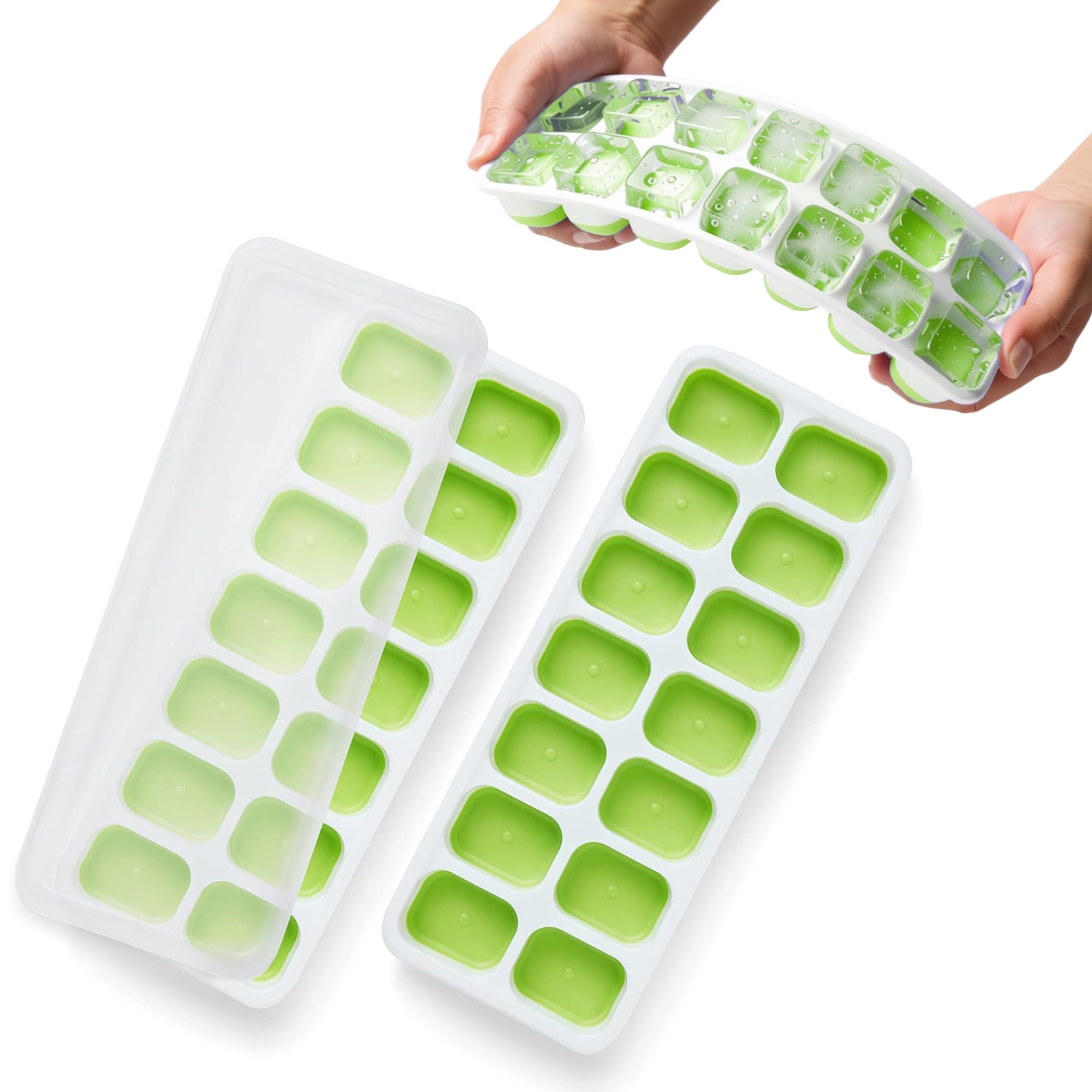 KEPLIN 2pk Silicone Ice Cube Trays with Non-Spill Lids, Easy to Remove Ice Cube 
