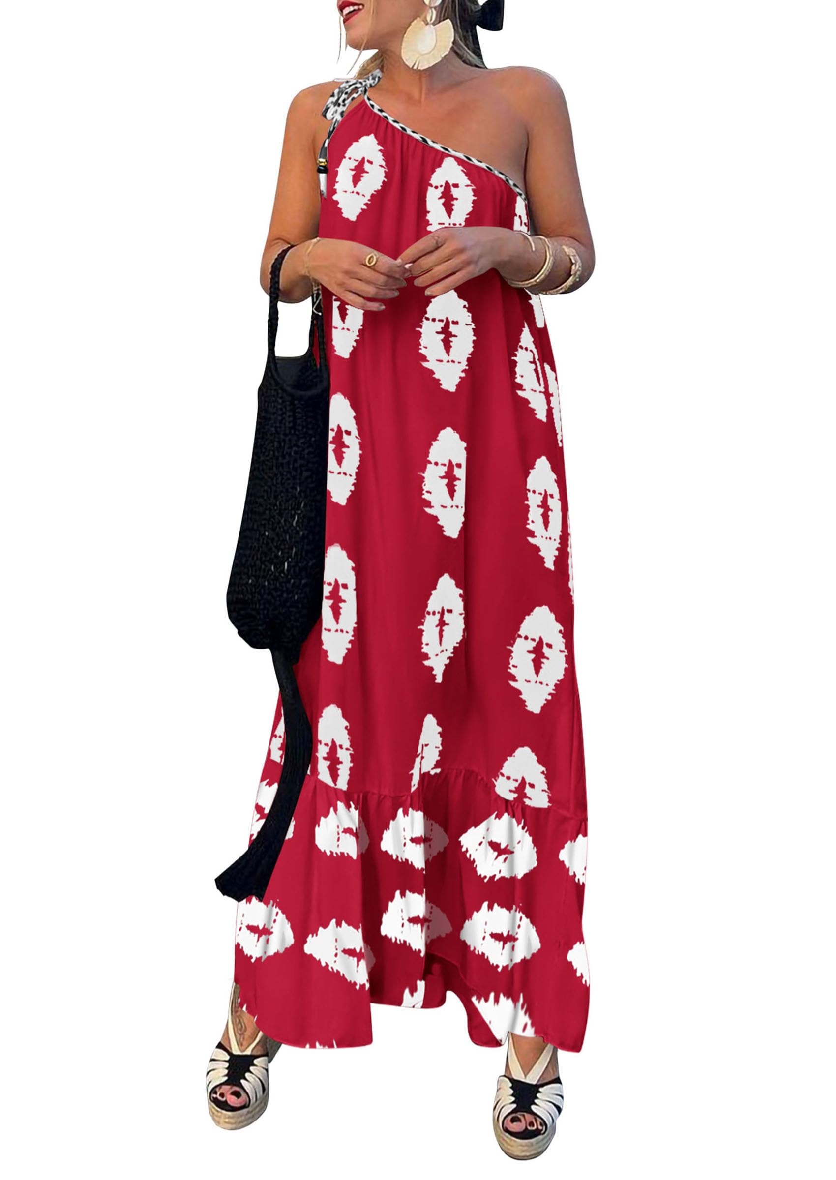 PRETTYGARDEN Women's Summer One Shoulder Maxi Dresses Printed Flowy Boho Beach V