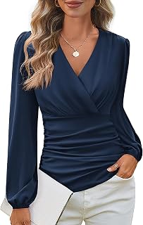 GRACE KARIN 2024 Women's Tops Elegant Wrap V-Neck Blouse Autumn Work Blouse Long Sleeve Casual Ruched