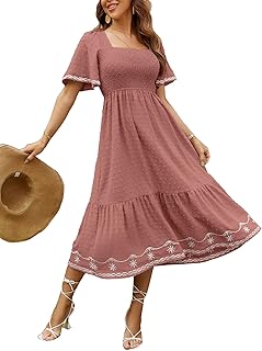 Glamaker Women's Short Sleeve Smocked Square Neck A Line Summer Flowy Maxi Long Dress
