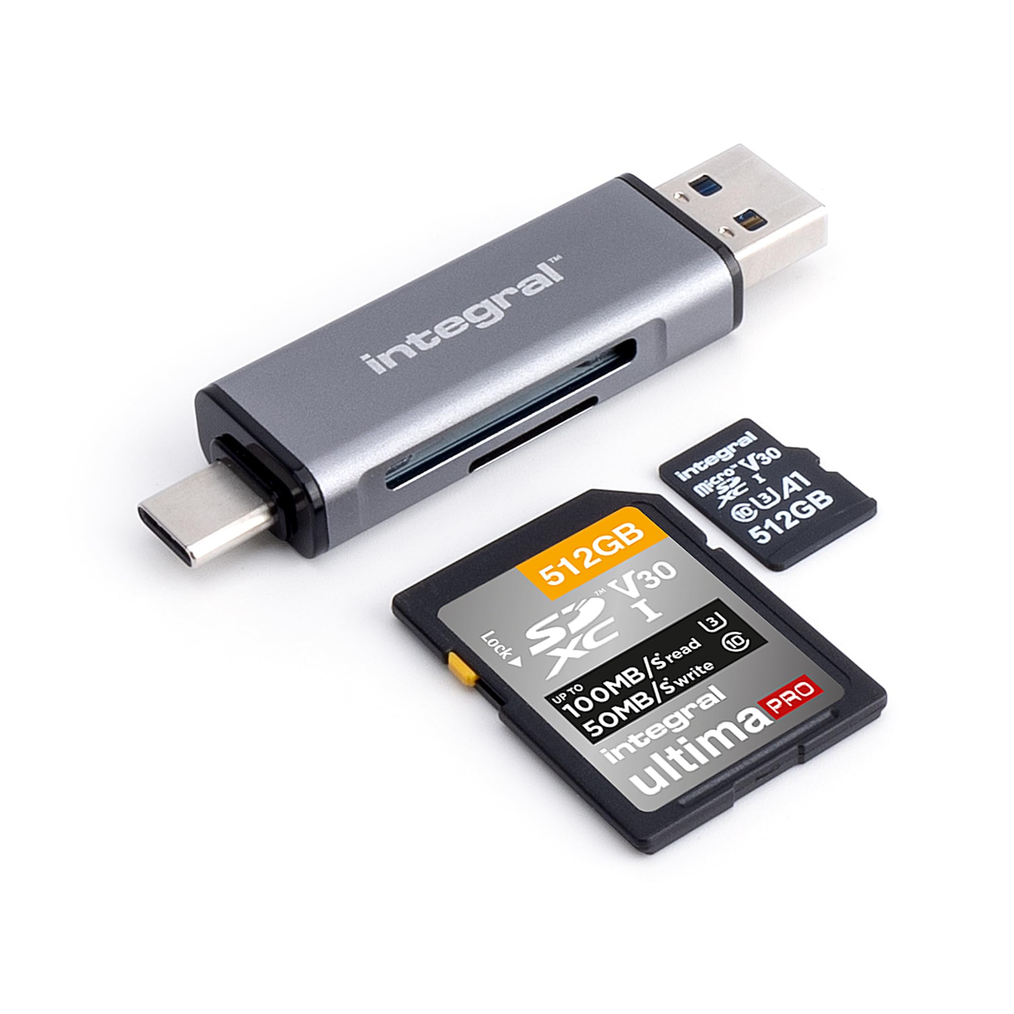Integral microSD & SD Memory Card Reader Adapter - Dual Ended USB 3.0 & USB C - 