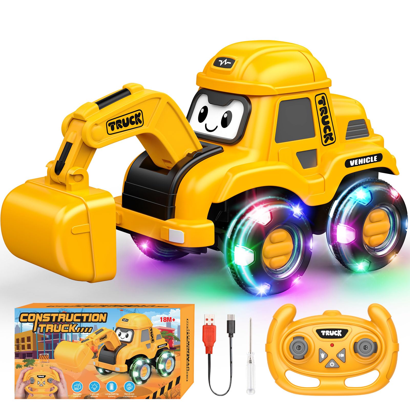 HappyGoLucky Digger Remote Control Cars, Toddler Toys for 1-4 Year Old Boys Girl