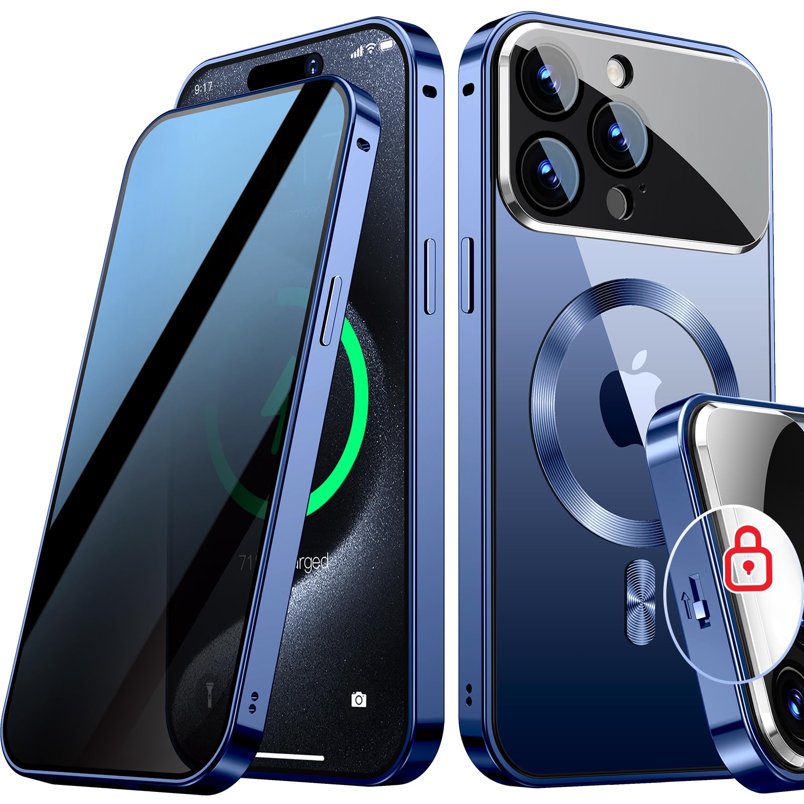 Magnetic Privacy Case for iPhone 15 Pro Max, Full Camera Protection-Blue