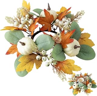 Thanksgiving Pumpkin Candle Ring Wreaths Fall Artificial Maple Leaf Berry Pillar Centerpiece Candle Holder for Autumn Harvest Wedding Farmhouse Garland Home Tabletop Decor