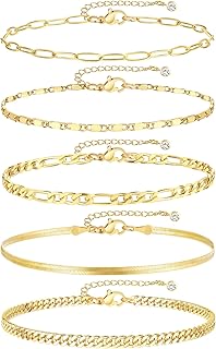 iF YOU Gold Ankle Bracelets for Women, 14k Gold Plated Waterproof Cuban Link Chain Anklets Set, Layered Anklet Bracelets for Women Beach Gift Adjustable Size 5pcs