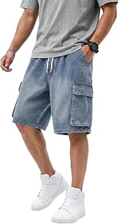 EMMIOL Mens Loose Shorts, y2k Jorts Cargo Ripped Elastic Waist, Mens Denim Shorts Loose Fit Vintage Streetwear Summer