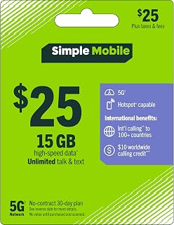 Simple Mobile $25 Prepaid 30-Day Plan: 15GB High-Speed 5G Data, Unlimited Talk, Text & ILD [Physical Card]