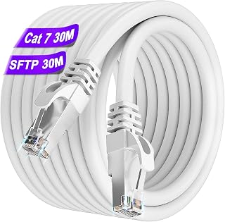 Soibke Ethernet Cable 30 m, Cat 7 High Speed Shielded Lan Cable 10Gbps 600MHz S/FTP Cable RJ45 White Gigabit Outdoor Waterproof Network Cable Internet Cables for Router Modem