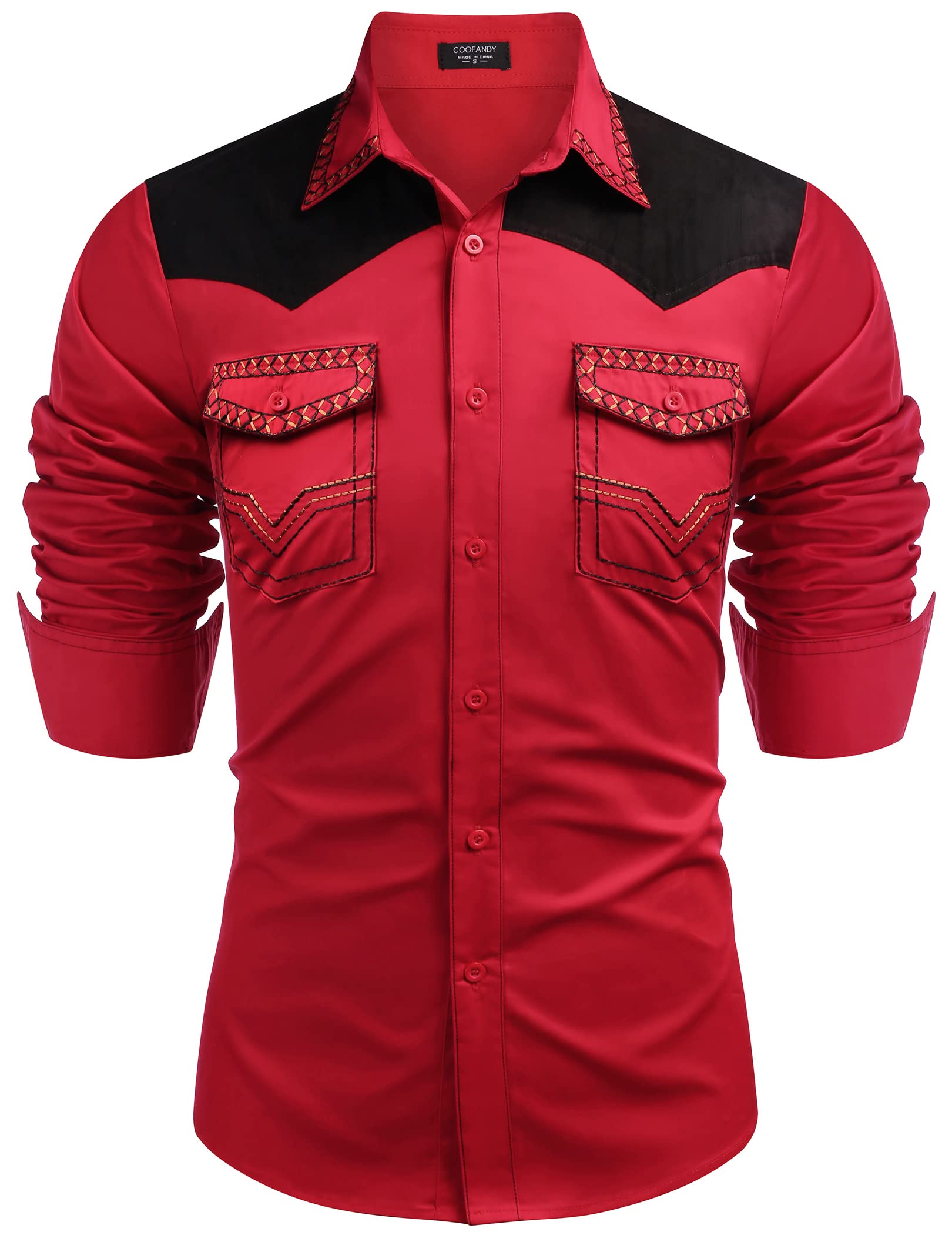 COOFANDY Men's Western Cowboy Shirt Embroidered Long Sleeve Slim Fit Casual Cott