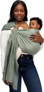 WildBird - Ring Sling Baby Carrier - 0-36 Months (up to 35 lbs) - Standard (74") Acadian &amp; Bronze Ring - Front, Hip or Back Carry - Adjustable Fit - Natural Linen - Baby Essentials - New Mom Gifts