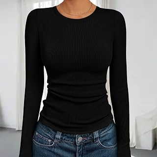 Womens Ribbed Knit Blouse Long Sleeve Stretch Soft Casual Tummy Control Basic Tops