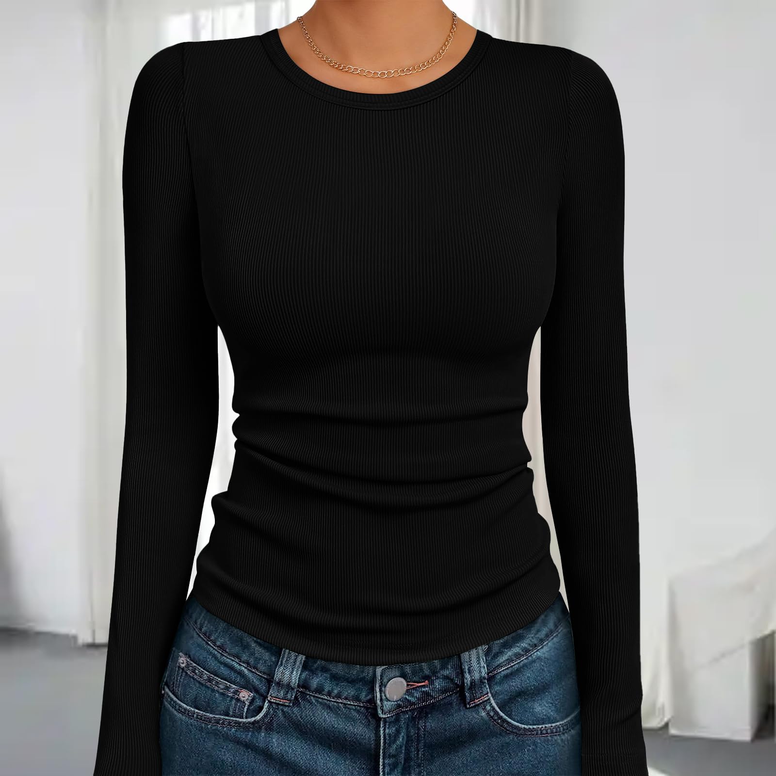 Womens Ribbed Knit Blouse Long Sleeve Stretch Soft Casual Tummy Control Basic To