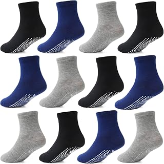 HYCLES Baby Grip Socks 12 Pairs for Boys Girls 0-10 Years - Toddler Non Slip Kids Anti Skid Crew Socks with Grips