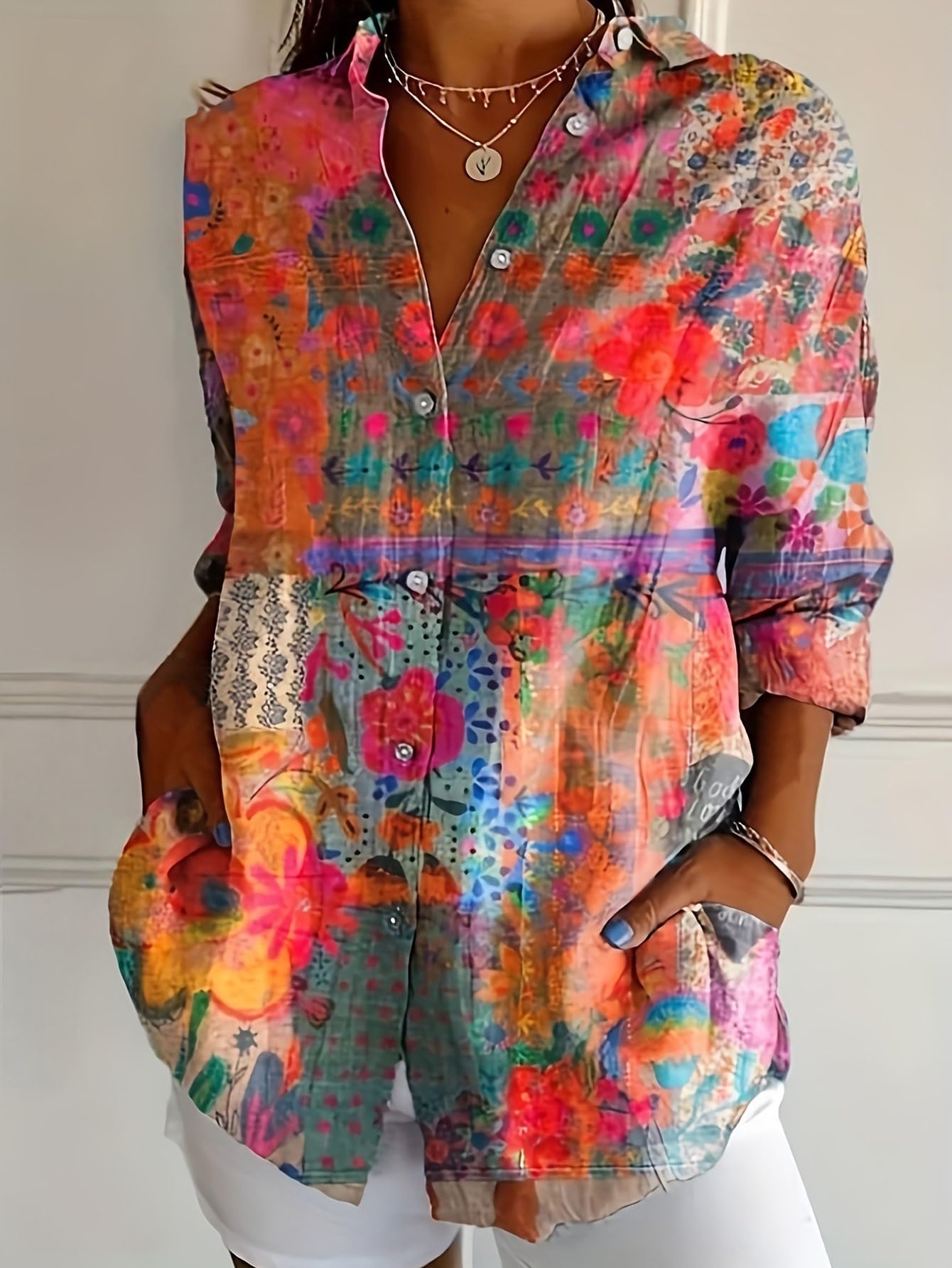 Women Button Down Long Sleeve Shirt Floral Print Casual Hawaiian Blouse Tops Boh