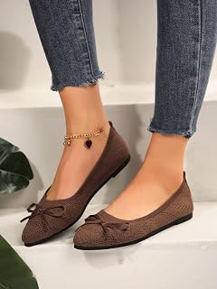 Women Bowknot Ballet Flats Knit Breathable Pointed Toe Slip On Comfortable Casual Work Flats