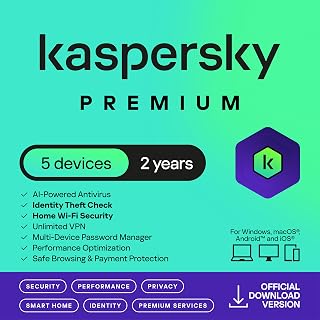 Kaspersky Premium Total Security 2026 | 5 Devices | 2 Years | Anti-Phishing and Firewall | Unlimited VPN | Password Manager | Parental Controls | 24/7 Support | PC/Mac/Mobile | UK Online Code