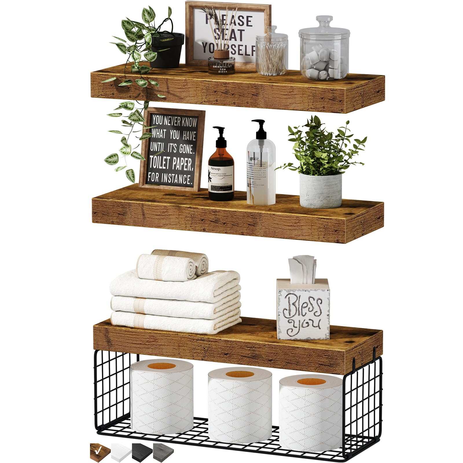 QEEIG Bathroom Shelves Over Toilet Wall Mounted (Brown, Set of 3, 15.7") | 16 in