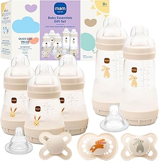 MAM Easy Start Anti-Colic 5 Baby Bottle &amp; 3 Pacifier Newborn Gift Set | 5 Self Sterilizing Bottles (3X 5oz, 2X 9oz) &amp; 3 Original Pacifiers 0–16 Months + Extra Nipples, Made In Europe