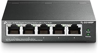 TP-Link TL-SG1005P, 5 Port Gigabit PoE Switch, 4 PoE+ @65W, Black | 4 PoE+ Ports 65W, Fanless, Plug & Play, Desktop/Wall Mount, Unmanaged, Sturdy Metal Case