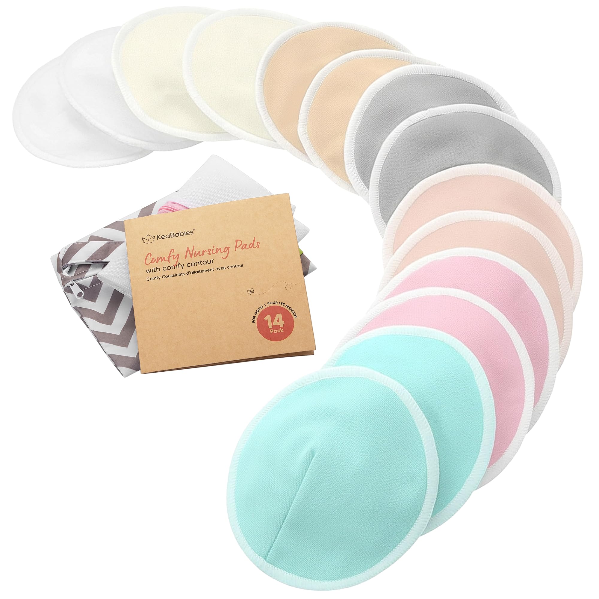 Organic Nursing Pads, 14 Washable Breast Pads,Wash Bag (Pastel Touch, L 5")