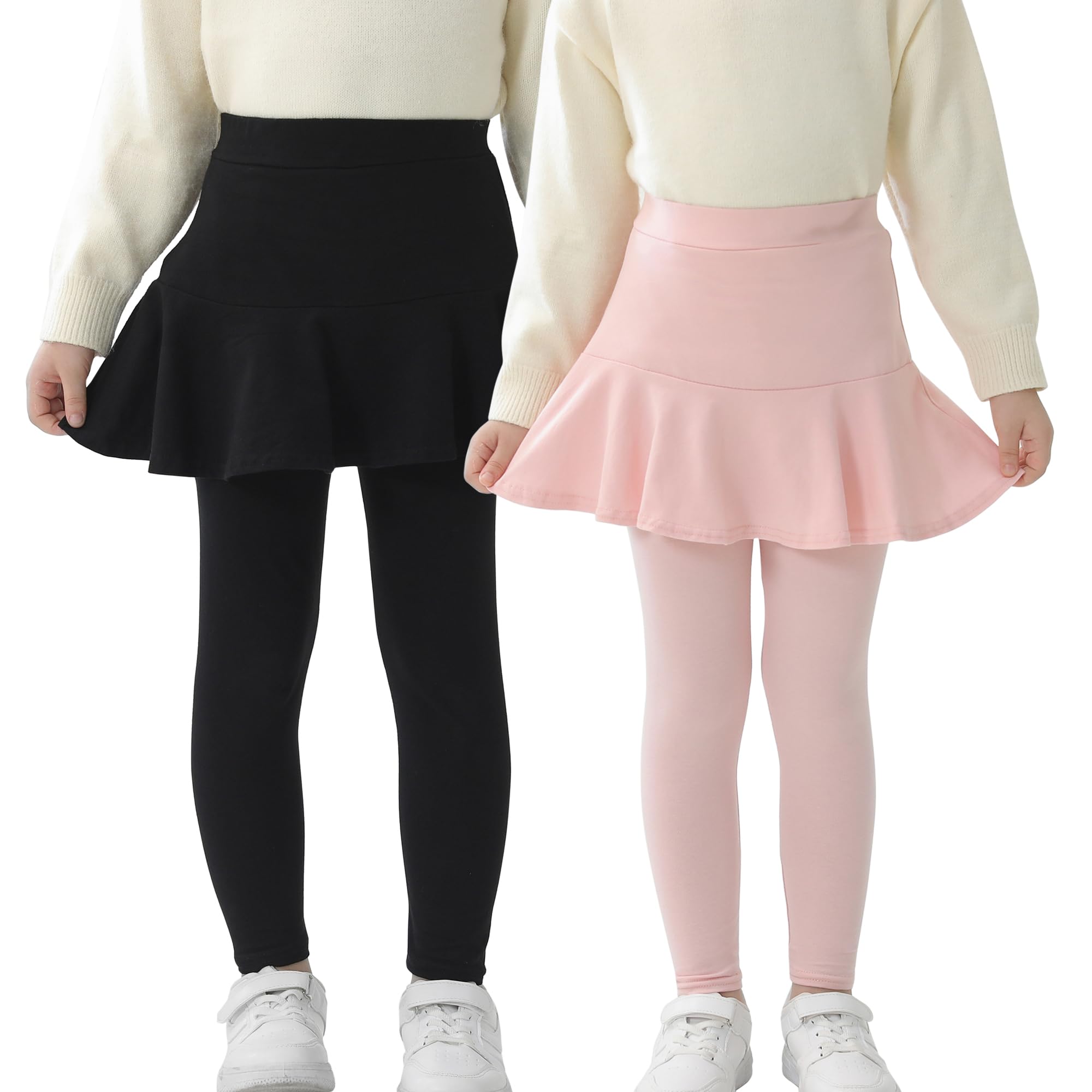 StyleSavvy Trendy Girls' Leggings with Skirt - 2 Pack of Cotton Ruffle Skirt Pan