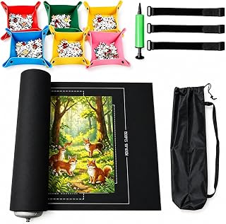 BrobiDerleta Jigsaw Puzzle Mat Roll Up, 1500 Pieces Felt Puzzle Pad with 6 Colorful Sorting Trays, Portable Puzzle Keeper Storage Folder with Drawstring Bag, Black