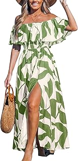 CUPSHE Women's Summer Dress with Off Shoulder Maxi Length Ruffle Bodycon Waist Printed Tropical