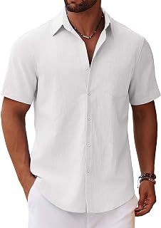 COOFANDY Camisa de manga corta con botones para hombre, casual, de algodón, para verano, playa, lino, boda, con bolsillo