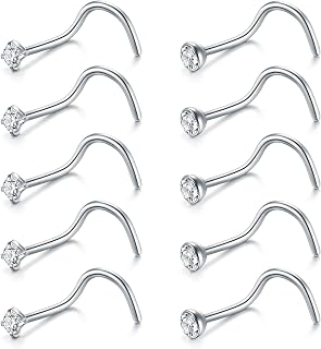 FECTAS 10pcs Nose Ring Screw Nose Stud 18G 20G Corkscrew Nose Piercing Jewellery Stainless Steel 2mm Diamond Silver Gold