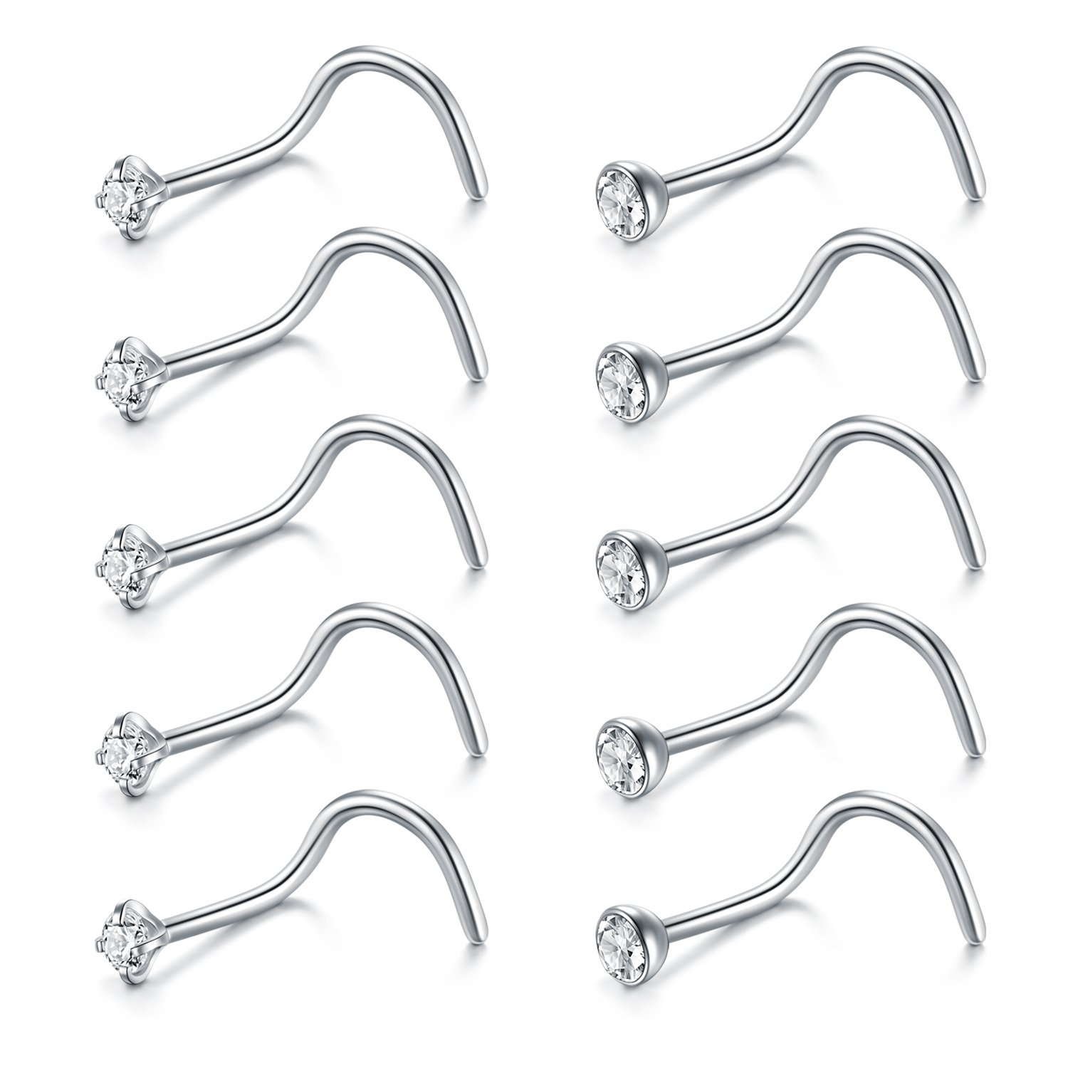FECTAS 10pcs Nose Ring Screw Nose Stud 18G 20G Corkscrew Nose Piercing Jewellery