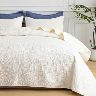 SheRest Queen Quilt Bedding Set - Soft Breathable Bed Quilts, Modern Style Embossed Bedspreads, Lightweight Microfiber Reversible Coverlet for All Seasons, Cream, 3 Pieces (1 Quilt,2 Pillow Shams)