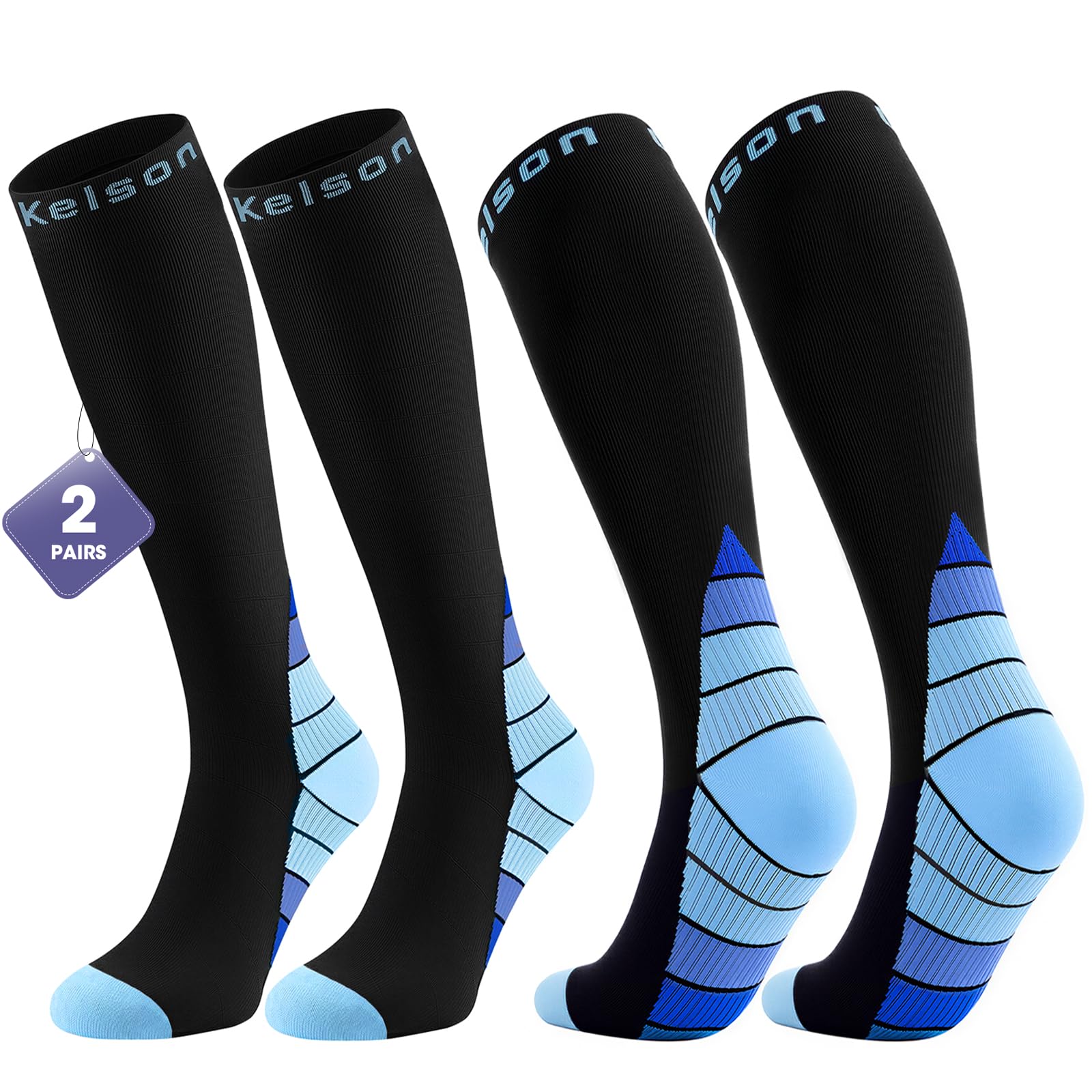 2 Pairs Compression Socks for Women and Men, 20-30 mmHg Flight Socks | Knee High