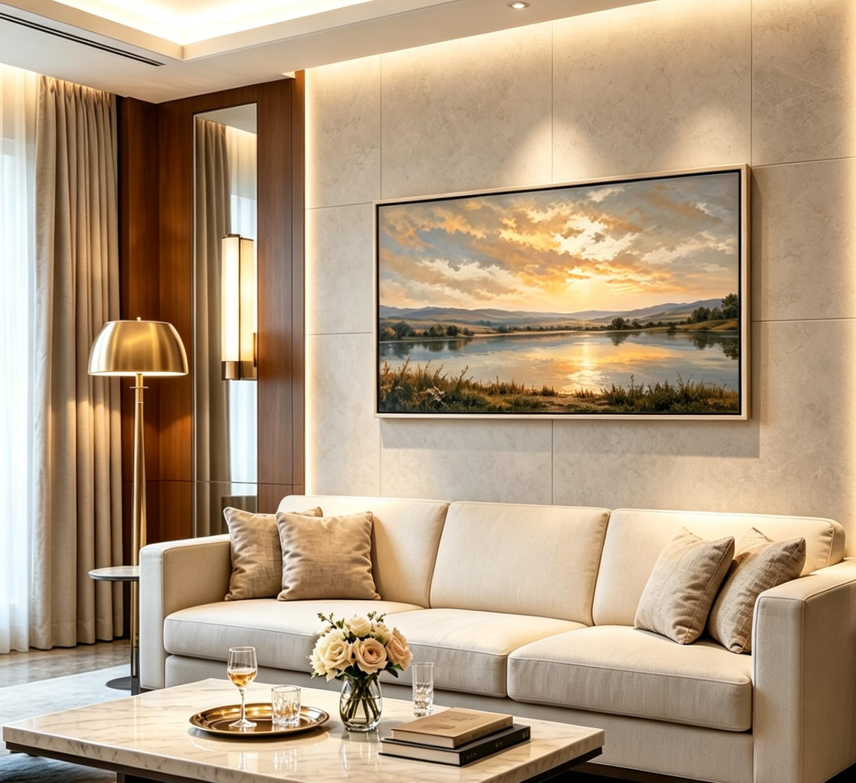 Large Framed Vintage Nature Wall Art, Lakeside Landscape Canvas Prints