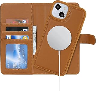 Havaya iPhone 14 Case Magsafe Compatible iPhone 13 Case Book-Style Magsafe Shockproof [Detachable 2-in-1] Card Storage Wireless Charging Compatible Faux Leather (6.1-Inch Compatible) - Brown