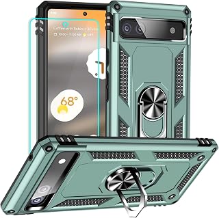 Yiakeng for Google Pixel 6A Case: with Screen Protector - Military Grade Protective Cases with Finger Ring Holder Kickstand for Pixel 6A Case(Dark Green)