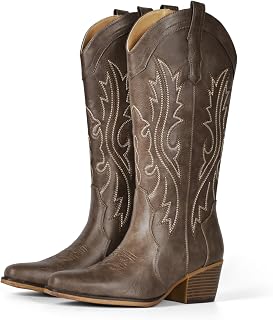 IUV Womens Western Cowboy Boots Chunky Heel Mid Calf Boots Low Instep Boots