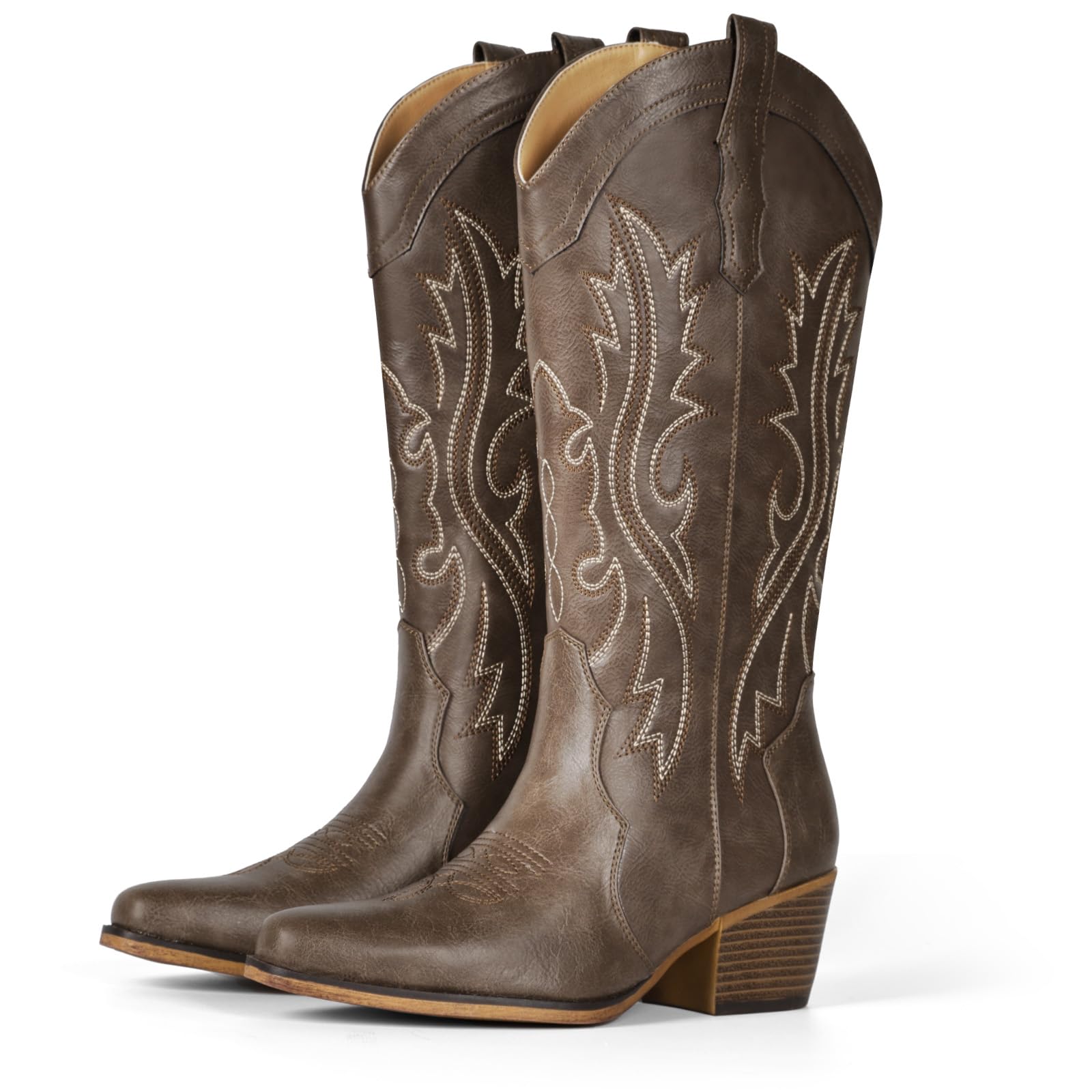 IUV Womens Western Cowboy Boots Chunky Heel Mid Calf Boots Low Instep Boots