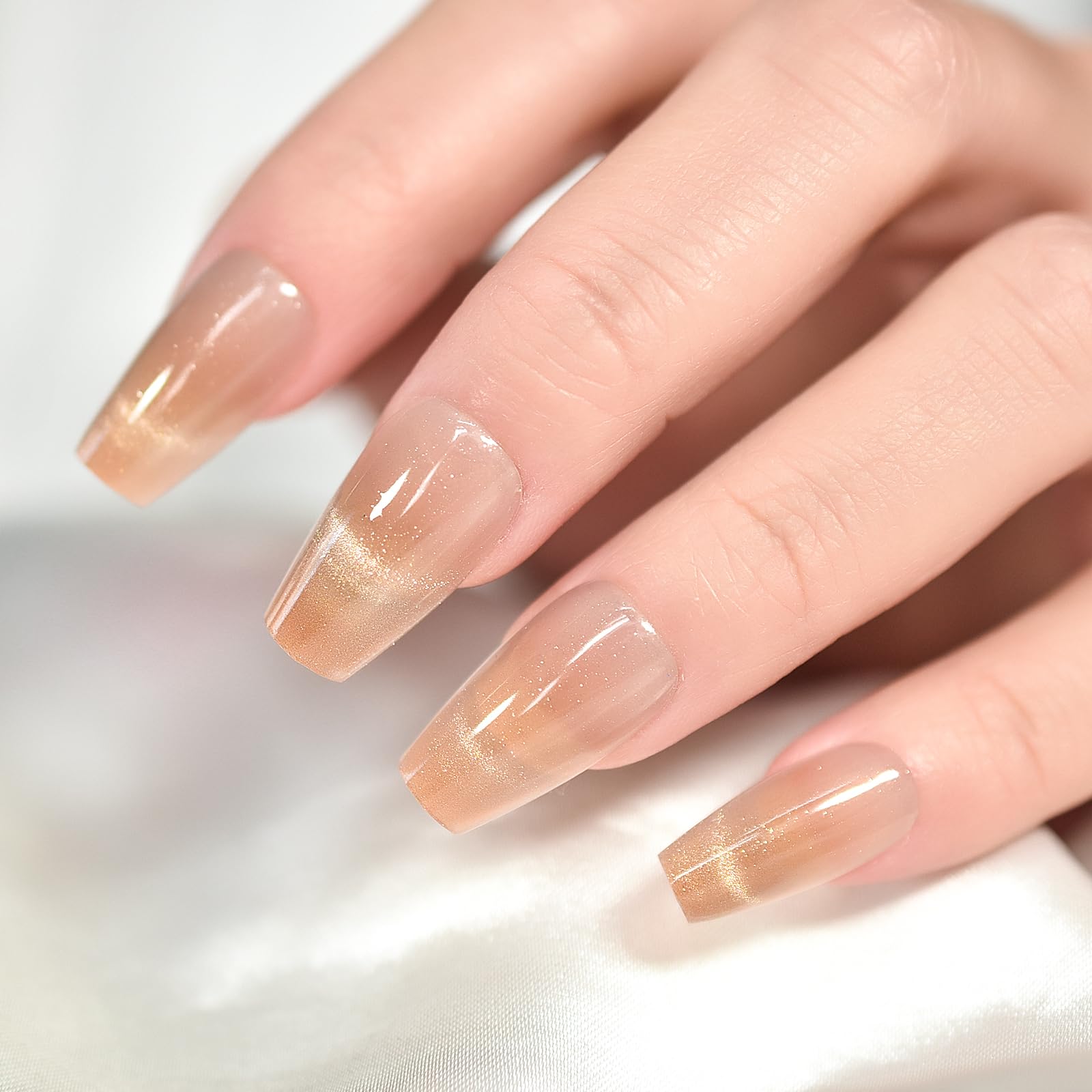 Shiny Shimmering Light Brown Push Nails Medium Length Coffin False Nail Cat Eye 