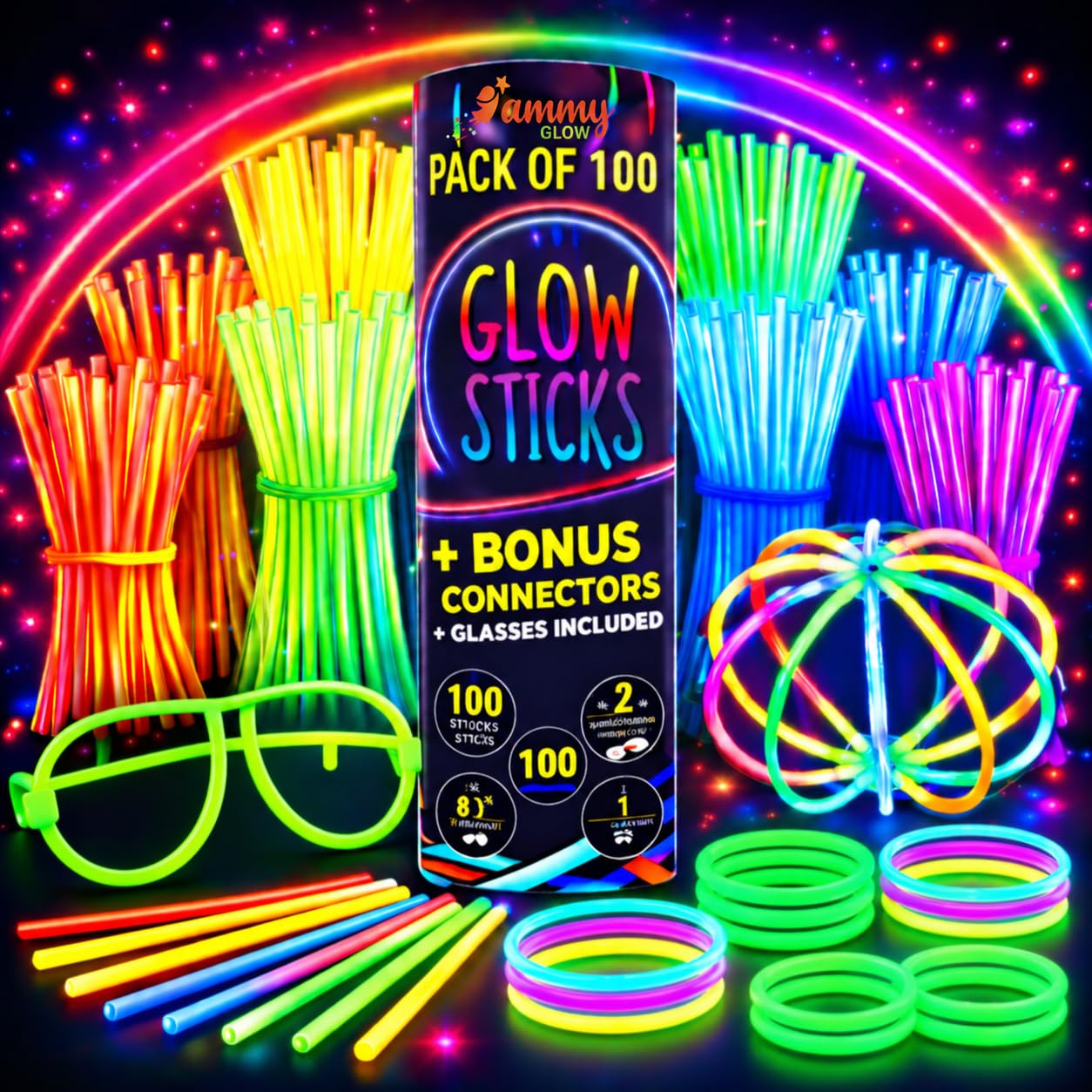 Ammy Glow Glow Sticks (205 Pcs Kit) Bulk Party Pack-100 Pack Glow Sticks with Co