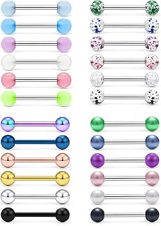 VCMART 24pcs Tongue Bars Nipple Rings Pack 14G 12/14/16/18mm Barbell Stainless Steel Metal Glitter Pearl