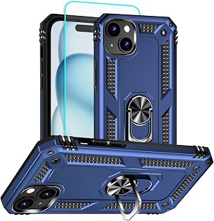 for iPhone 15 Case with Screen Protector, 360°Military Grade Rotatable Kickstand (Heavy Duty) Shockproof Protective - Case for iPhone 15 (Blue)