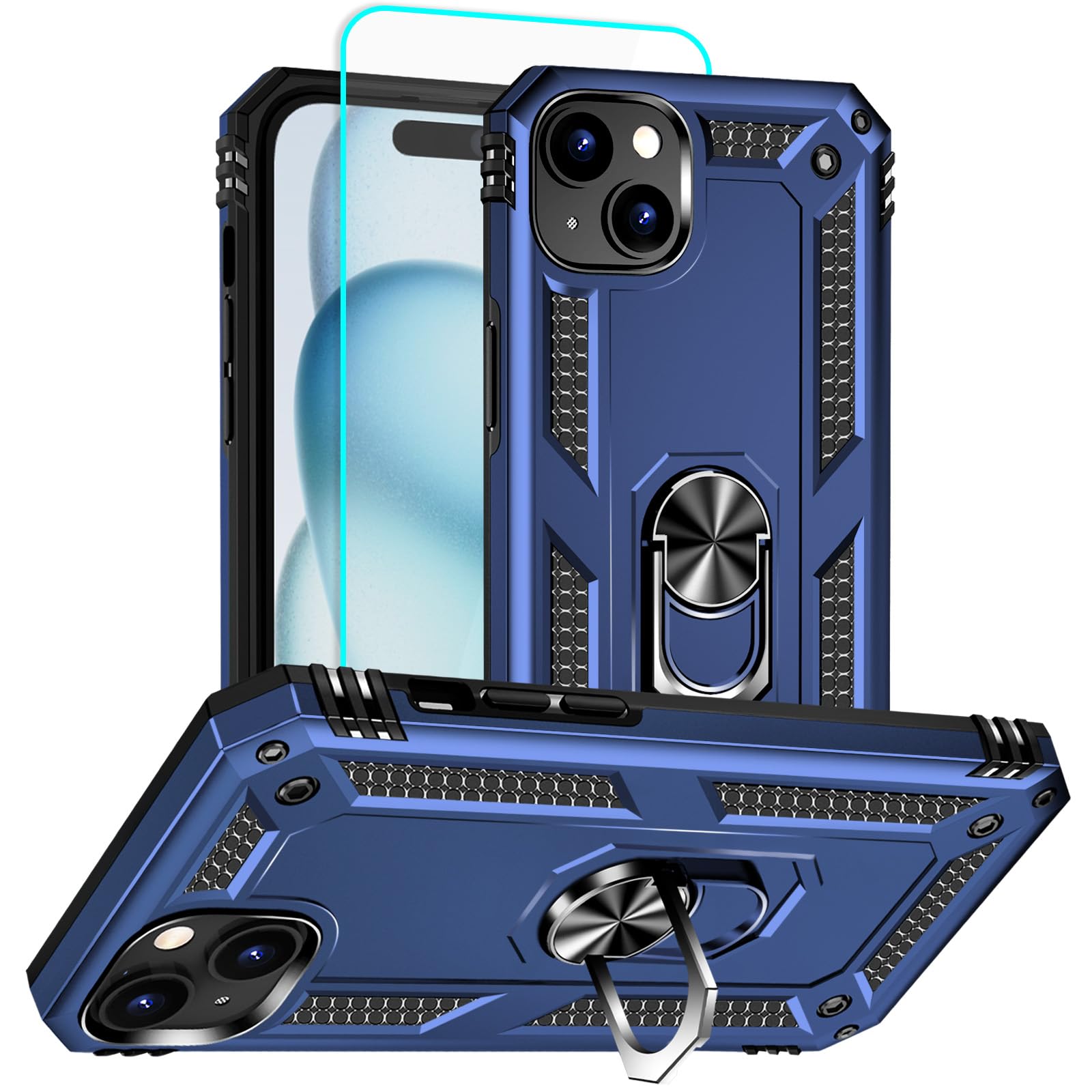 for iPhone 15 Case with Screen Protector, 360°Military Grade Rotatable Kickstand